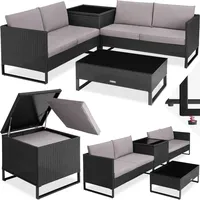 tectake® Poly Rattan Lounge Sitzgruppe, Gartenmöbel Set mit Sofa, Tisch mit Glasplatte, Auflagenbox, Outdoor Kissen wetterfest, Möbel für Garten, Balkon, Terrasse oder Wintergarten - schwarz