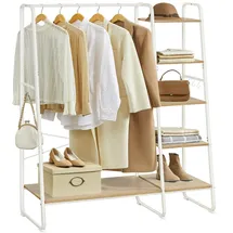 VASAGLE Kleiderständer, Garderobenständer, 45 x 120 x 160 cm Garderobe, Kleiderstange, Schuhablage, offener Kleiderschrank, 6 Haken abnehmbar, Schlafzimmer Flur, eichenfarben-mattweiß RGR116W09