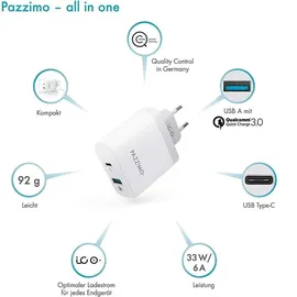 Pazzimo Ladegerät 2-Fach Qualcomm Quick Charge 3.0 USB + USB-C 6A Weiß