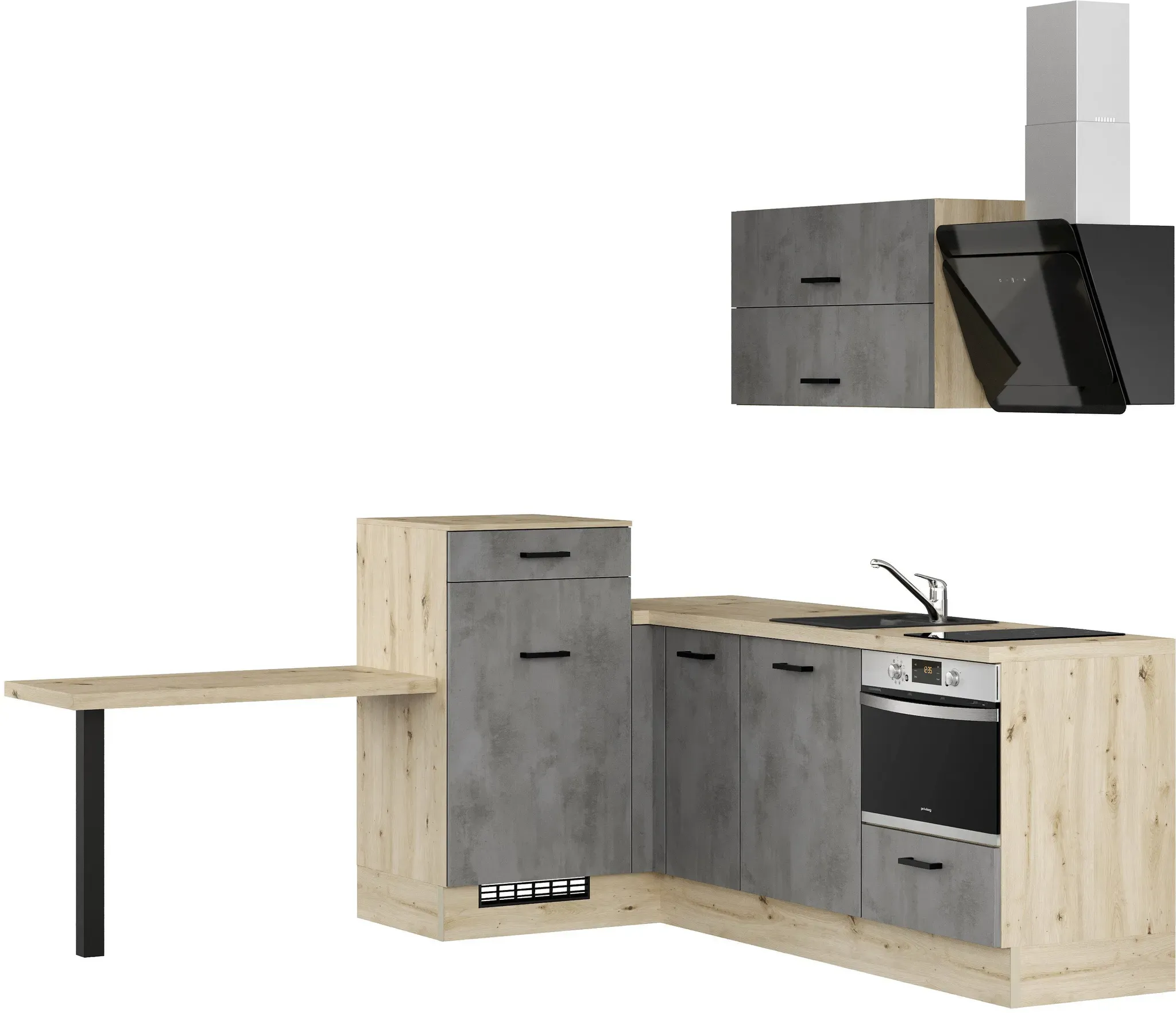Winkelküche IMPULS KÜCHEN ""Amsterdam" mit zusätzlicher Arbeits- & Stellfläche, vormontiert", grau (küche: grau, korpus: eiche, nachbildung hell, arbeitsplatte: eiche, nachbildung hell), B:350cm H:206,2cm T:60cm, Komplettküchen-Sets, Küchenzeile, Ausrichtung wählbar, wahlweise mit E-Geräten, Breite 225/125cm