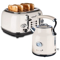 KORONA Toaster Retro Frühstücksset Creme 4 Schlitz, 4 Scheiben Toaster und Wasserkocher, Pfeifkessel Design, Retro weiß