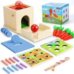 LENBEST Lernspielzeug Montessori Spielzeug ab 2 Jahre Holzspielzeug 4 in 1 Montessori (Münzbox, Ball Drop, Wurmspielzeug Fangen), Karottenernte Lernspielzeug Geschenk für Kinder ab 2 3 4 Jahre