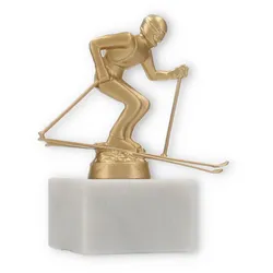 Pokal Metallfigur Ski Alpin goldmetallic auf weißem Marmorsockel 13,0cm