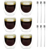 Latte Macchiato Gläser: 6 Stück Doppelwandig Espressotassen Set, 80ML Doppelwandige Gläser mit 6 Löffeln, Cappuccino Tassen Kaffeegläser Kaffeetassen Eiskaffee Glas Thermogläser Kaffeebecher