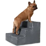 VELORA H&L Hundetreppe 3 Stufen Dunkelgrau - Stabile Holzkonstruktion mit Veloursbezug, rutschfeste Hundetreppe für Sofa und Bett, Haustiertreppe für Hunde und Katzen, Belastbar bis 80 kg