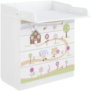 Shefa Kids Wickelkommode weiß, Lebkuchenhaus– 4 Schubladen, mit klappbarem Tisch & Kommode Kinderzimmer, Babyzimmer, ergonomische Wickelstation