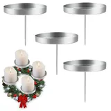4 Stück Kerzenhalter Adventskranz, 8 cm Kerzenständer Silber, Adventskerzenhalter Metall, Kerzenhalter zum Stecken, Stumpenkerzen, Stabkerzenhalter für Adventskranz Weihnachten Tischdeko (Silber-Rund)