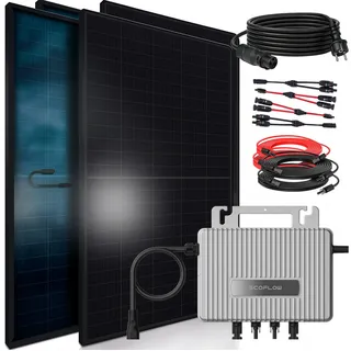 SUNNIVA® 1840W Balkonkraftwerk BIFAZIAL FULLBLACK komplett Steckdose ECOFLOW 800W Wechselrichter, PV Solaranlage, 4x 460W Glas-Glas Solarmodule, inkl. 5m Kabel, Bluetooth WIFI, Komplettset
