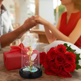 Relaxdays Ewige Rose im Glas, LED-Beleuchtung, HD: 22x11 cm, Kunstrose als Mutter- & Valentinstaggeschenk, Galaxy, bunt