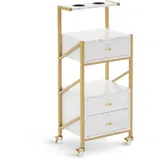 MCombo M Mcombo Friseurwagen mit Rollen, 3 Schubladen, Rollwagen Servierwagen Salon Trolley, mit 2 Ablagen & 2 Föhnhalter, Moderner Arbeitswagen für Bad Weiß-gold,