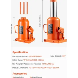 Vevor hydraulischer Wagenheber, 50 t Stempelwagenheber Flaschenwagenheber mit 28-44 cm Hubbereich und 3-teiligem langem Griff, für Auto Pickup Lkw Wohnmobil Autoreparatur Industrietechnik