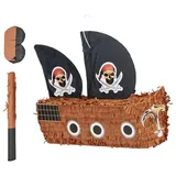 Relaxdays Piratenschiff Piñata 44 cm Hellbraun/Rot/Schwarz
