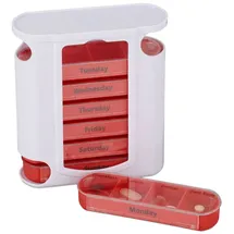 Relaxdays Pillendose 7 Tage, wöchentliche Tablettenbox, 4 Fächer, Englisch, Medikamentendose mit Schiebedeckel, weiß/rot