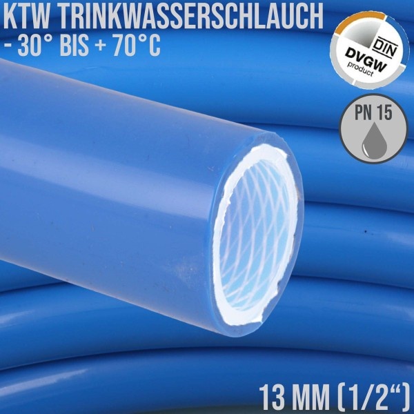 13 mm 1/2" Zoll Trinkwasser Wasser Kirmes Volksfest Biergarten Schlauch TFE KTW DVGW W 270 blau PN 1