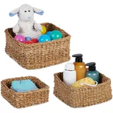 Relaxdays Aufbewahrungskorb, 3er Set, Seegras, 3 Größen, geflochten, Badezimmer, Deko, eckige Utensilienkörbe, natur