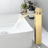 Hoch Wasserhahn Bad Gebürstetes Gold, Waschtischarmatur mit Wasserfall Auslauf, Hohe Armatur für Aufsatzwaschbecken, Waschbecken Mischbatterie mit