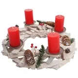 MCW Adventskranz Rund Holz Ø 40cm Weiß-Grau mit Kerzen Rot