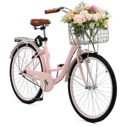 VEVOR Cruiser Fahrrad Rosa Beach Fahrrad mit Korb 66cm Reifen 1 Gang Radfahren