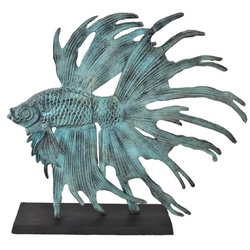 Casa Padrino Luxus Aluminium Deko Skulptur siamesischer Kampffisch Türkis / Schwarz 55 x 11,5 x H. 52,5 cm - Aluminium Deko Figur mit Holzsockel - Wohnzimmer Deko - Schreibtisch Deko