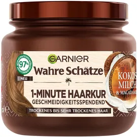 Garnier Wahre Schätze 1-Minute Haarkur für trockenes bis sehr trockenes Haar, Mit Kokosmilch und Macadamiaöl für neuen Glanz und Geschmeidigkeit, Vegane Formel, 1 x 340 ml
