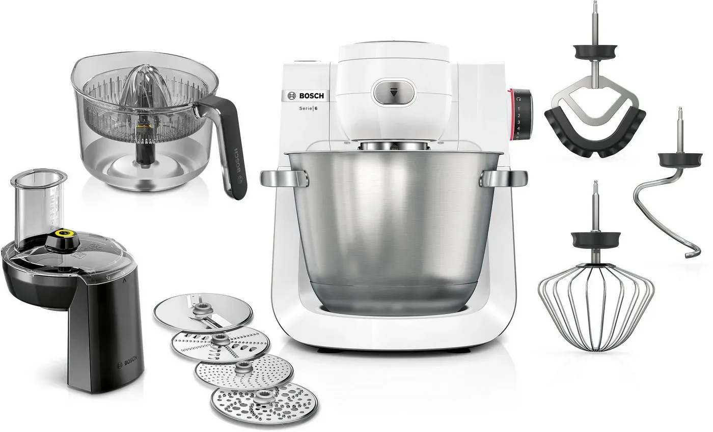 Preisvergleich Produktbild BOSCH Küchenmaschine Serie 6 MUMS6EW24D, Durchlaufschnitzler, Edelstahlschüssel, weiß, 1600 W, 5,5 l Schüssel, 7 Stufen, 4 Scheiben, Zitruspresse, Knethaken/Rühr-/Silikonbesen weiß