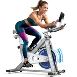 FYSIQ Heimtrainer Fahrrad mit 300 WATT Widerstandsmoment, 4-Fach Voll verstellbarem Ergometer Hometrainer Fahrrad, Indoor Fitnessbikes mit RPM ANZEIGE, Große Tablet-Halter, 150 KG Belastbar(Grau)