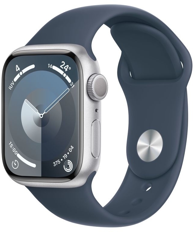 Apple Watch Series 9 Aluminium Silber Silber 41 mm SM 130-180 mm Umfang Sturmblau GPS
