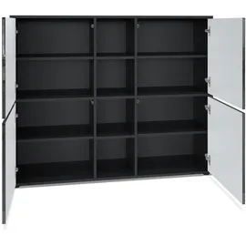 Vladon Highboard Cuba V3 (Highboard, mit 12 Fächern, inkl. RGB LED Beleuchtung), in Schwarz matt / Fronten in Sandgrau Hochglanz (130,5x105,5x35,5 cm) grau
