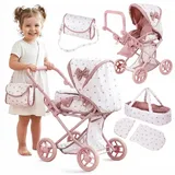kinderplay Puppenwagen Puppenwagen 3in1 – höhenverstellbar – leise Rollen – Spielset, (Set) rosa