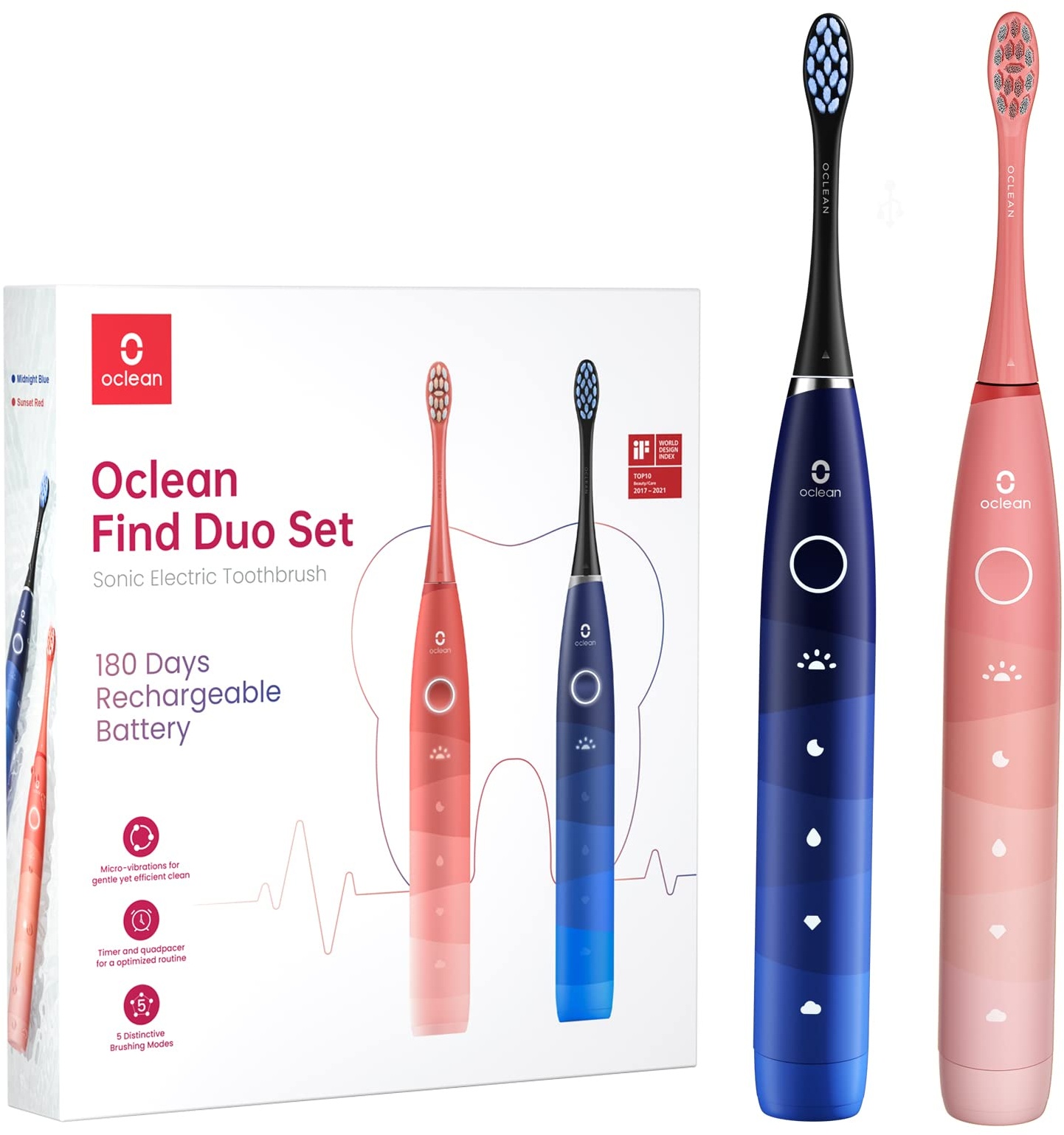 Oclean Find Duo Set Elektrische Zahnbürste, 2er Electric Toothbrush mit 5 Modi, Schallzahnbürste mit 180 Tage Akkulaufzeit, Wasserdicht nach IPX7- Pink & blau