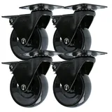 MS Beschläge 4er Pack Hartboden-Möbelrolle Design Lenkrolle Schwarz 75mm mit Feststellbremse