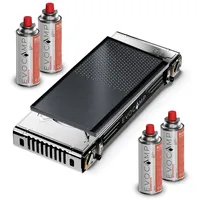 EVOCAMP Gaskocher 2-flammig mit Piezozündung - für Gaskartuschen MSF-1a 227g, (mit 4 Kartuschen und Grillplatte 45 cm, Campingkocher für Gas - Campinggaskocher - Camping Herd), 2,5 kW x 2 mit Grillaufsatz 45 cm + 4 Kartuschen