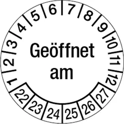 Prüfplaketten, "Geöffnet am / Haltbar bis", Ø 30 mm, Dokumentenfolie (Ausführung: Haltbar bis)