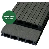 Woodstore24 Terrassendielen WoodoRhodos WPC Diele für Terrasse und Balkon mit Clipsystem, (Bodenbelag Komplettset mit Unterkonstruktion, Clip-Befestigung, 2,4m L x 12cm B x 2cm Stärke, in grau, anthrazit oder braun), Holzoptik, Klicksystem, Außenbereich, Gastronomie geeignet, wetterfest grau