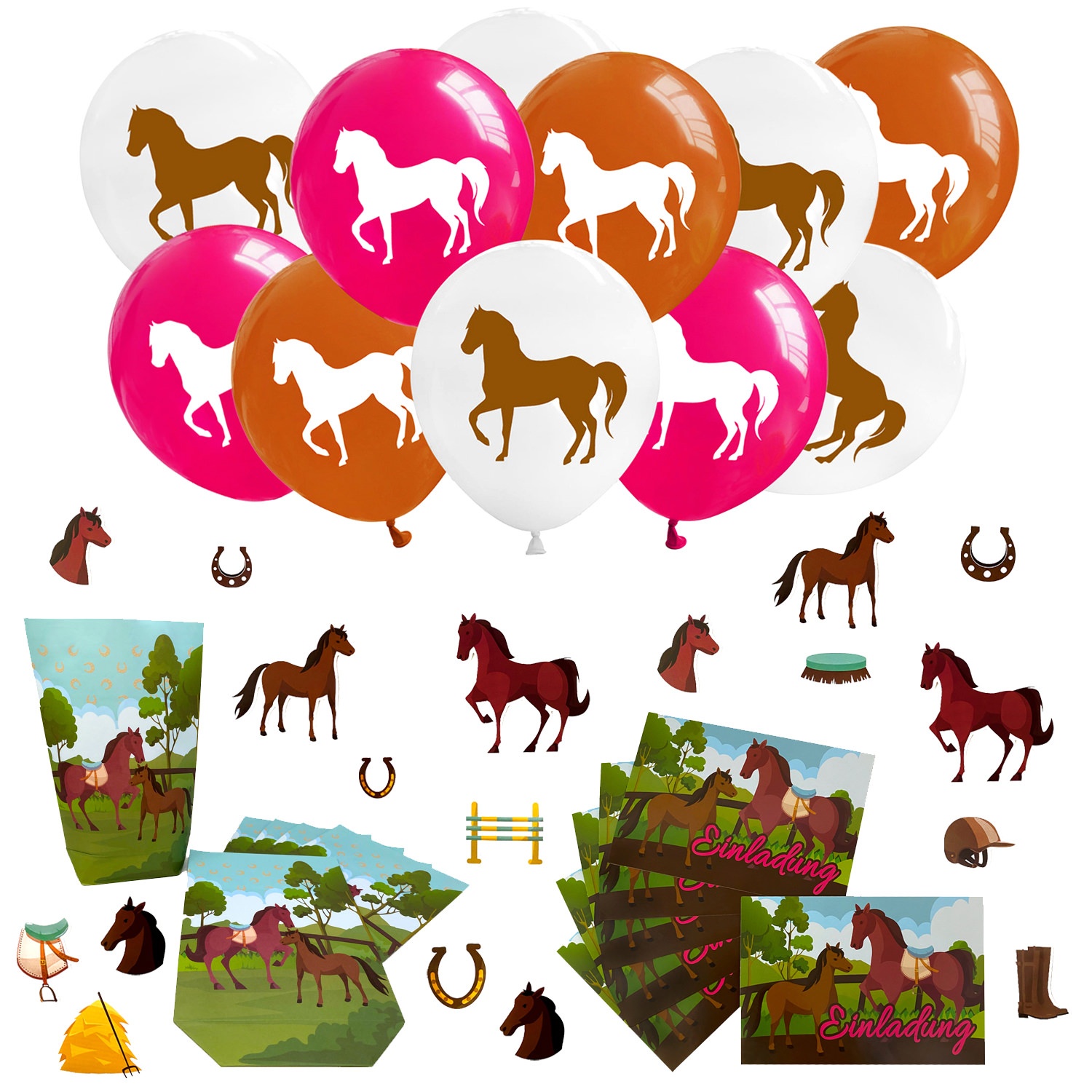 Pferde Deko Set - Geschenktüten + Einladungskarten + Konfetti + Luftballons für Kinder Geburtstag Motto Party