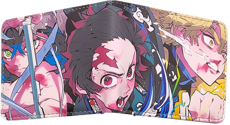 Anime Wallet Ghost Killer Anime Image Print 3D Cartoon Double Fold Wallet PU Leather Cartoon Comic Short Wallet Pocket Card Holder Cartoon Pattern Multifunctional Wallet Game Fans Teen Anime Fans Gift