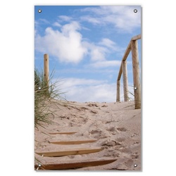 Sonnenschutz Auf der Holztreppe zum Strand, Wallario, blickdicht, mit Saugnäpfen, wiederablösbar und wiederverwendbar braun 60 cm x 93 cm