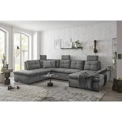 Wohnlandschaft ED EXCITING DESIGN "Alija U-Form", grau, B:334cm H:107cm T:217cm, 100% Polyester, Sofas, frei im Raum stellbar, Schlaffunktion, Kopfstützen, Armteilverstellung