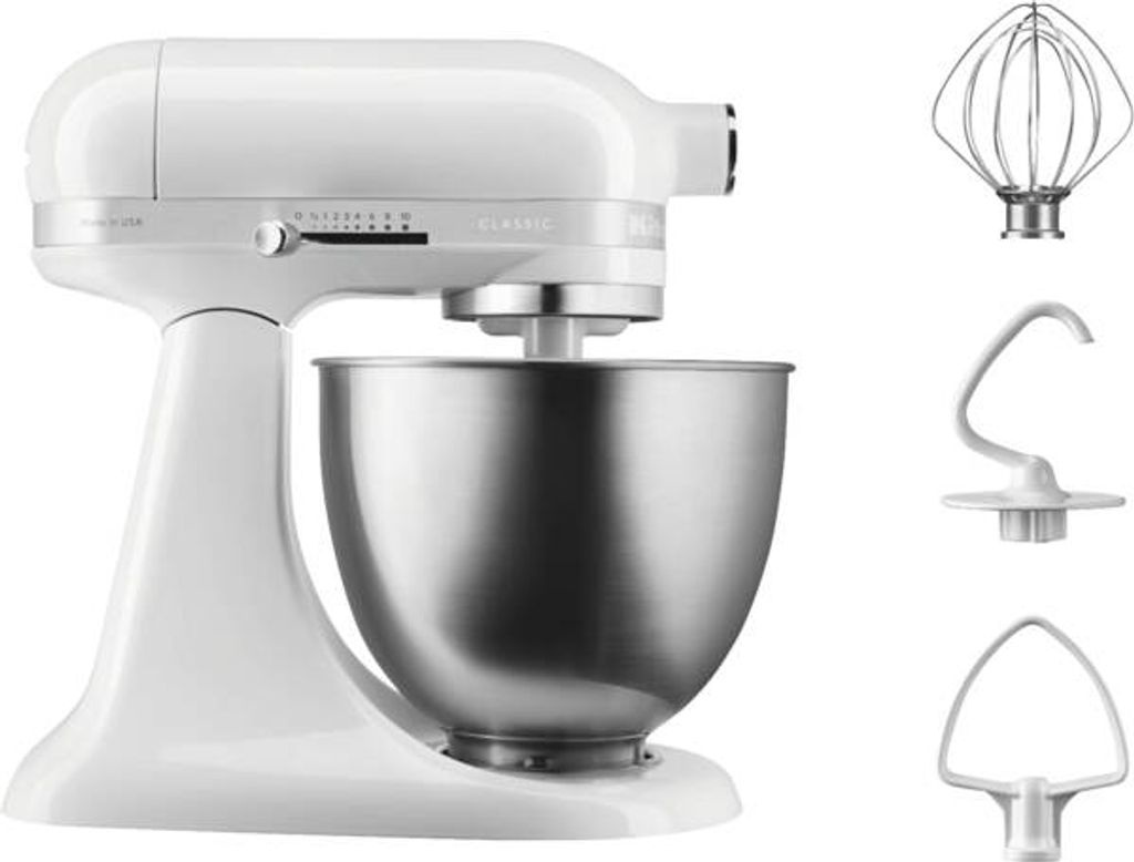 KitchenAid 5KSM3310XEWH CLASSIC Küchenmaschine Metall-Gehäuse 250 Watt Edelstahl-Rührschüssel 3,3 l Flachrührer Knethaken Schneebesen - Weiss