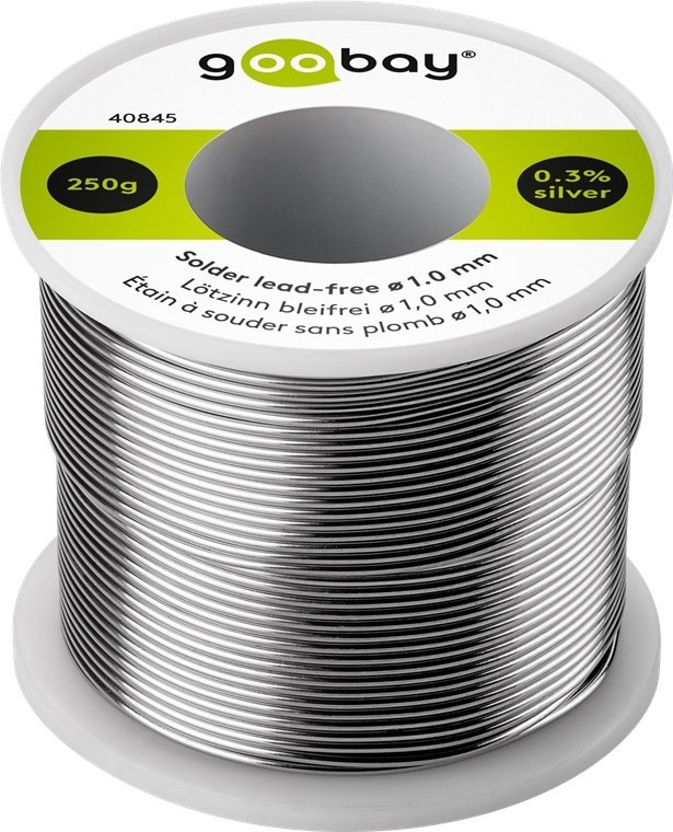 Goobay Profi Lötzinn bleifrei, ø 1,0 mm, 250 g - Zusammensetzung: 0,3 % Silber, 0,7 % Kupfer, 96,5 % Zinn, Flussmittelanteil: 2,5 %, Schmelzpunkt 217° C