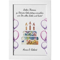 Geschenke 24 Geldgeschenk zum Geburtstag Geburtstagstorte personalisiert im Bilderrahmen | mit Wunschtext und Wunschnamen bedruckt | DIN-A4 oder DIN-A3 | (DIN-A3, weiß)