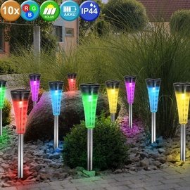 GLOBO Design 10er Set RGB LED Steck Lampen Solar Hof Edelstahl Strahler Farbwechsler