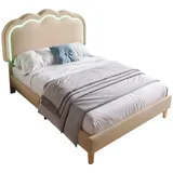 OKWISH Polsterbett 90x190 LED Kopfteil verstellbar gepolstert Leinen Bezug Lattenrost modernes Design stabil komfortabel Schlafzimmer Beige