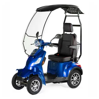 VELECO FASTER mit DACH und Kapitänssitz - 4-Rad Elektromobil - komplett montiert und fahrbereit - Dach mit Windschutzscheibe - sicher und stabil - Sicherheitsgurt - Mobilitätsroller (Blau)