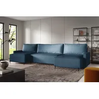 Ecksofas in U-Form ANTONIO EVER U 372x148cm, Wohnlandschaft mit Schlaffunktion & Bettkästen, Eckarniutur / Couch in Bouclé-Stoff Türkis/ Blau - Blau
