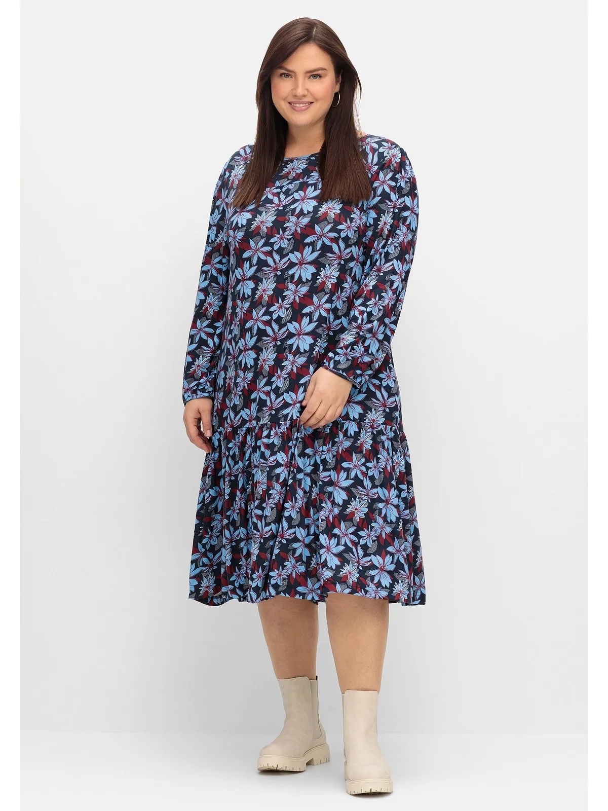 Jerseykleid SHEEGO "Große Größen" Gr. 54, Normalgrößen, blau (nachtblau gemustert) Damen Kleider Freizeitkleider