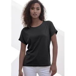 T-Shirt COPENHAGEN STUDIOS "mit dezentem Logoprint hinten", Damen, Gr. XS (34), schwarz, Single Jersey, Obermaterial: 100% Baumwolle, unifarben, casual, bequem, Rundhals, Kurzarm mit Aufschlag Aufschlag, Shirts, aus softer Jersey-Qualität mit Bio-Baumwolle