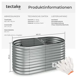 Tectake Hochbeet Flormma, 804l, verzinkt, 160x80x80cm - 2 Jahre Gewährleistung - mind. 14 Tage Rückgaberecht - Silber,