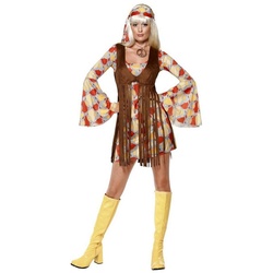 Smiffys Kostüm 60er Jahre Groovy Girl, Buntes Retro Damenkostüm mit Hippie-Charme rot