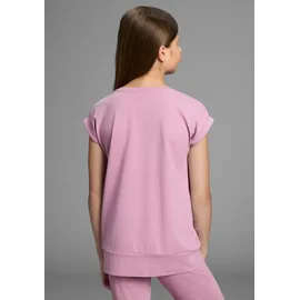 H.I.S. T-Shirt H.I.S "2er Packung Shirts mit modischen Bund für Mädchen", Mädchen, Gr. 140/146, schwarz (schwarz, rosa), Jersey, Obermaterial: 95% Baumwolle, 5% Elasthan, bedruckt, Basic hüftlang, Rundhals, angeschnitten Aufschlag, Shirts T-Shirt, Für TEENS.